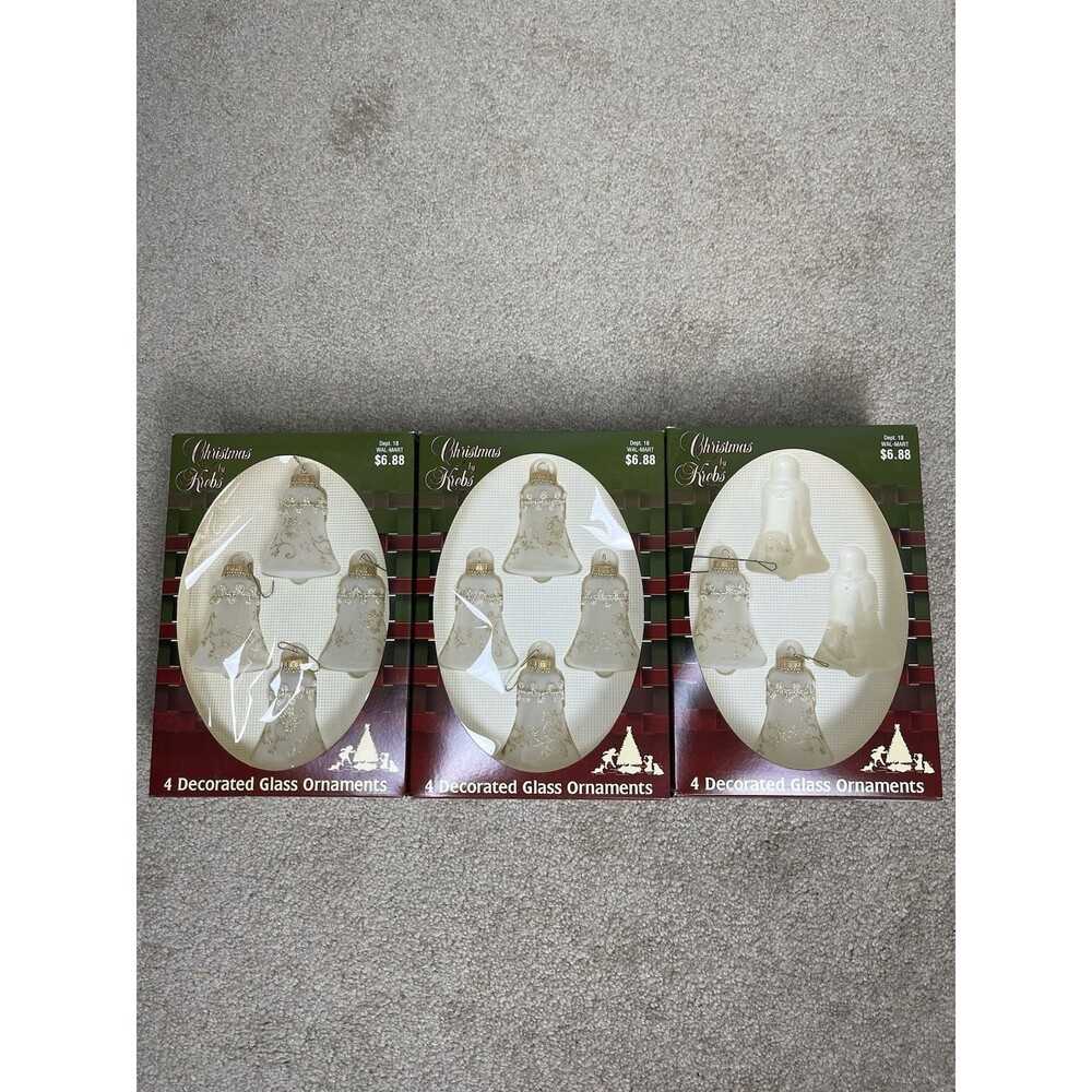 VTG 10 Pc Christmas by Krebs Frosted Glass Bell Ornaments Gold Glitter Boxed USA